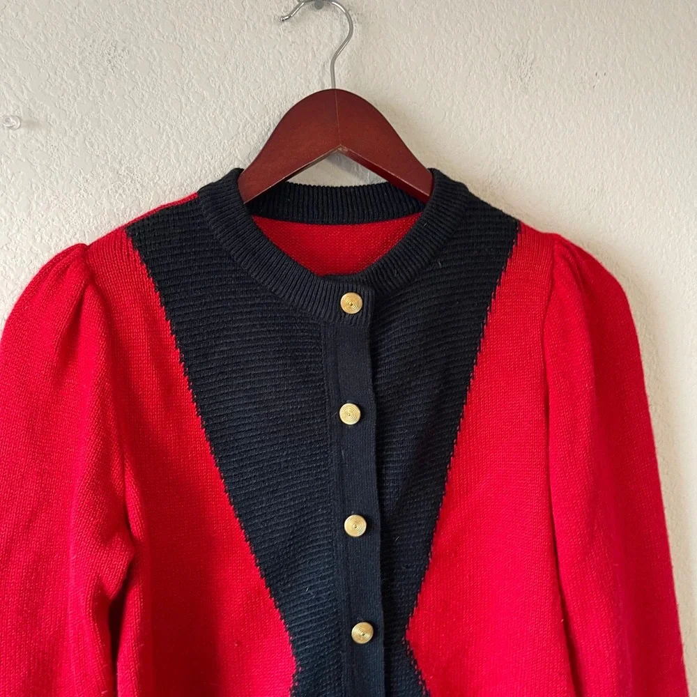 Vintage womens Red Black Colorblock Button Up Cardigan Puff Sleeve Sweater small